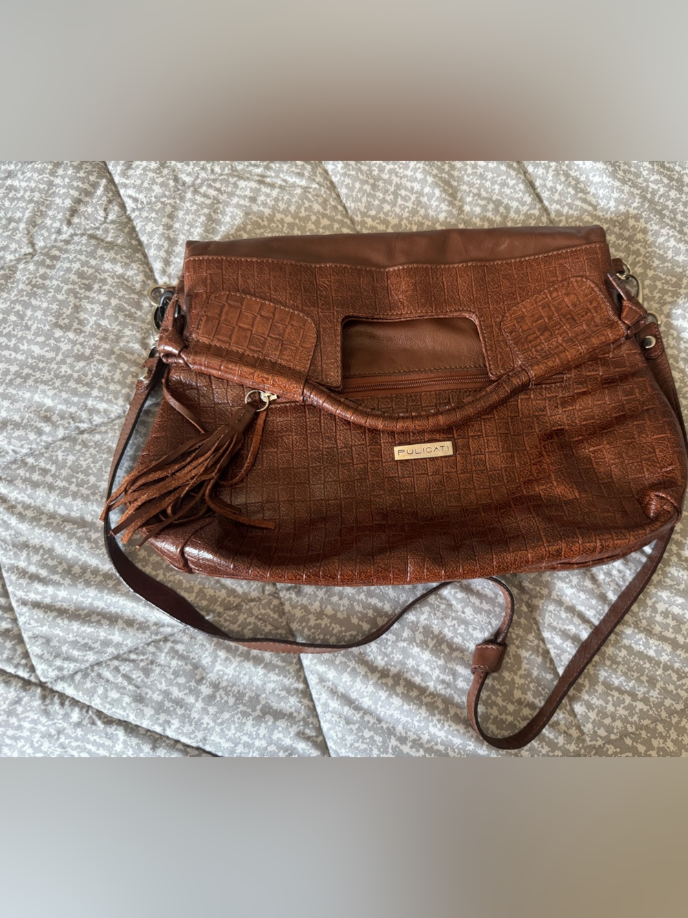 Pulicati Brown Croc-Embossed Leather Tassel Shoulder Bag